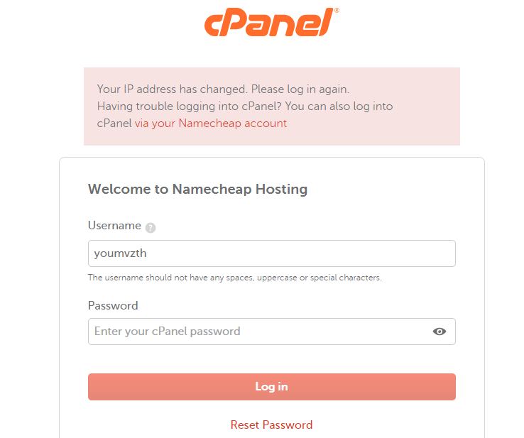 namecheap Cpanel login error